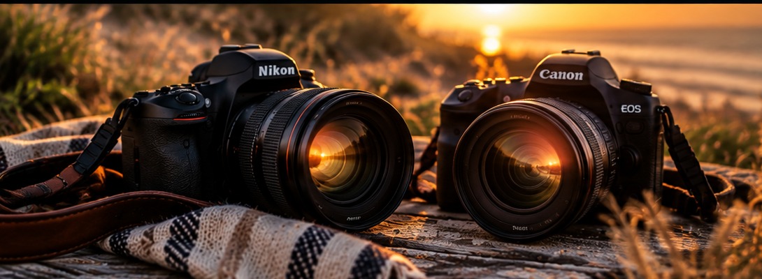 Deux appareils photo dans la lumière dorée d'un coucher de soleil